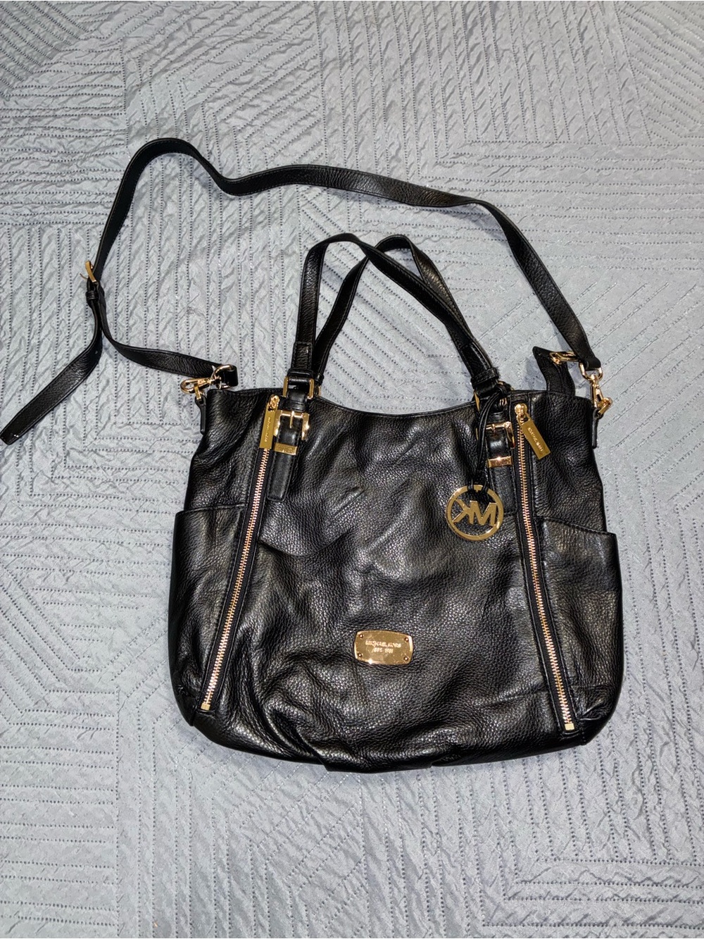 Michael Kors Black Pebbled Leather Satchel with Gold Accents